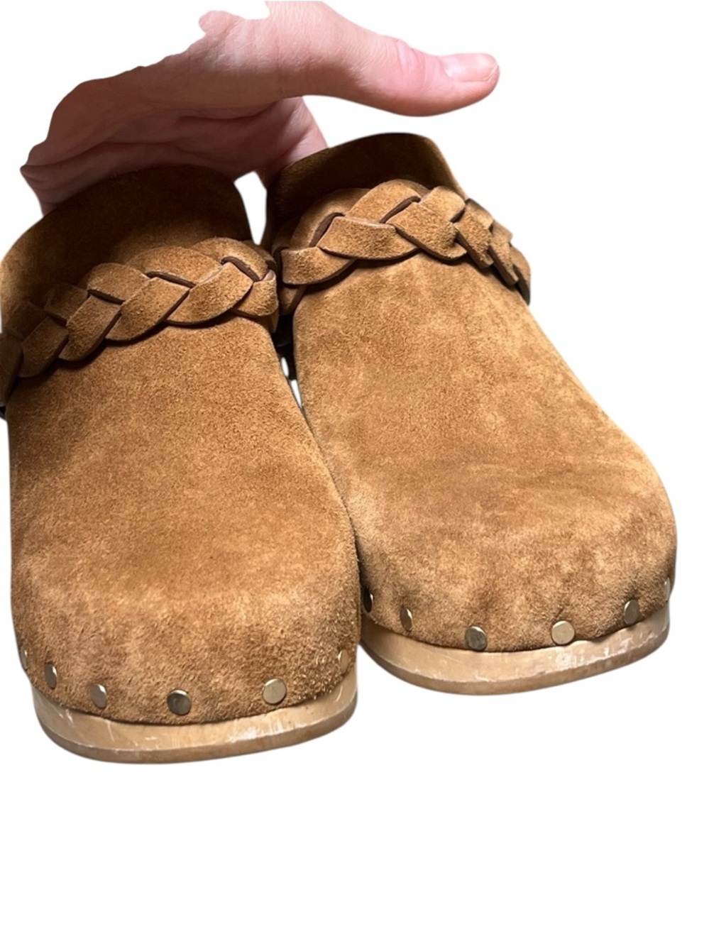 Loeffler Randall Merrill brown suede braided strap gold stud wooden clogs luxury - Picture 4 of 12